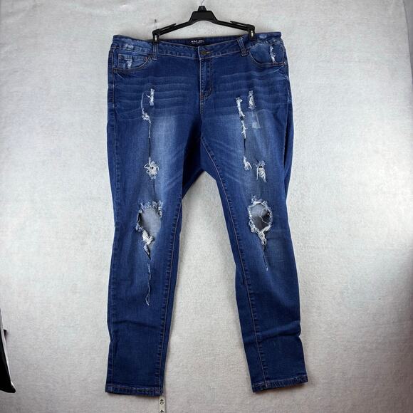 Wax Distressed Skinny Jeans Women's 20 Plus Thrashed Slashed Destroyed Dark Blue - Picture 1 of 13